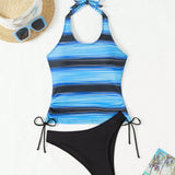 Swim Vcay Conjunto de tankini de cuello halter con lazo lateral y bloques de color para mujer