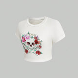 ICON Camiseta Corta De Mujer Con Estampado De Calaveras Y Flores De Manga Corta