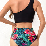 Swim Bikini Negro De Un Hombro Y Sin Mangas Para Mujer Con Estampado De Plantas Tropicales Y Pantalones De Cintura Alta