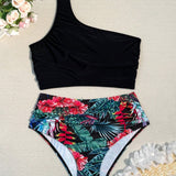 Swim Bikini Negro De Un Hombro Y Sin Mangas Para Mujer Con Estampado De Plantas Tropicales Y Pantalones De Cintura Alta