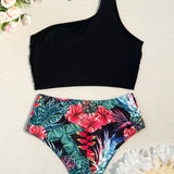 Swim Bikini Negro De Un Hombro Y Sin Mangas Para Mujer Con Estampado De Plantas Tropicales Y Pantalones De Cintura Alta