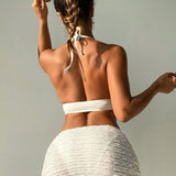 Conjunto De Bikini De Mujer Con Copa Triangular Solida + Falda De Bano De Jacquard