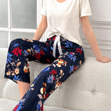 Conjunto De Pijama De Manga Corta Con Pantalones Largos Y Estampado Floral