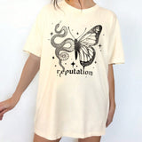EZwear Plus Size Serpent Butterfly Letter Printed Tee
