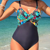 Swim Vcay Traje De Bano De Una Pieza Para Mujeres Con Estampado Tropical Y Diseno De Remiendo En El Cuello Redondo