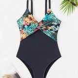 Swim Vcay Traje De Bano De Una Pieza Para Mujeres Con Estampado Tropical Y Diseno De Remiendo En El Cuello Redondo