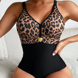 Swim Traje De Bano De Una Pieza Con Estampado De Leopardo Para Mujeres, Perfecto Para Verano, Playa, Vacaciones, Viajes, Festivales, Piscina, Surf