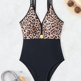 Swim Traje De Bano De Una Pieza Con Estampado De Leopardo Para Mujeres, Perfecto Para Verano, Playa, Vacaciones, Viajes, Festivales, Piscina, Surf