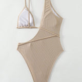 Swim Traje de bano de una sola pieza para mujer con cuello asimetrico y liso adecuado para la playa de verano