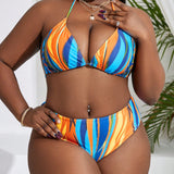 Swim Curve Conjunto De Bikini De Talla Grande Con Nudo Trasero Y Estampado Al Azar, Incluye Vestido De Encubrimiento Con Correa Calada, Traje De Bano De Tankini Para Playa Y Verano