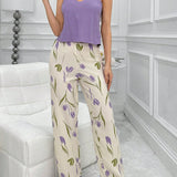 Conjunto De Pijama: Camisola Solida De Color Con Cuello En V Y Pantalones Impresos Florales