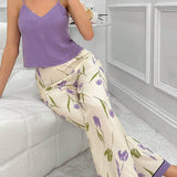 Conjunto De Pijama: Camisola Solida De Color Con Cuello En V Y Pantalones Impresos Florales