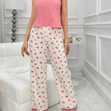 Conjunto De Pijama Solido De Color Con Camisola De Cuello En V Y Pantalon Estampado Floral