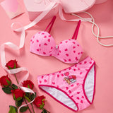 TOM & JERRY X  Conjunto de sujetador push-up y bragas en forma de corazon rosado para mujer