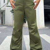 EZwear Pantalon Verde De Pierna Ancha Tejido Con Bolsillos Inclinados Y Un Estilo Relajado