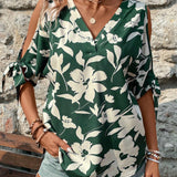 VCAY Blusa de mujer con hombros al aire y estampado de plantas