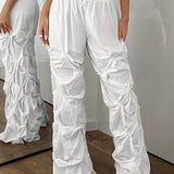 ICON Pantalones Cargo Blancos Solidos Con Cintura Con Cordon, Pliegues Y Bolsillos