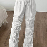 ICON Pantalones Cargo Blancos Solidos Con Cintura Con Cordon, Pliegues Y Bolsillos