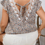 Frenchy Camisa De Verano Para Mujer Con a Grande, Con Cordones En La Parte Trasera, Estampado Floral Y Dees De Encaje