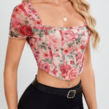 Tall Blusa De Manga Corta Con Diseno Floral Para Mujer Y Dobladillo Asimetrico