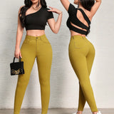 SXY Pantalones sencillos y casuales para mujer de color liso con cierre de cremallera y ajuste cenido