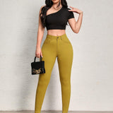 SXY Pantalones sencillos y casuales para mujer de color liso con cierre de cremallera y ajuste cenido