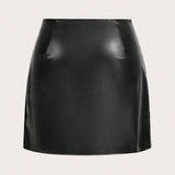EZwear Plus Size Front Zipper Pu Leather Skirt