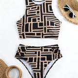 Swim Conjunto de tankini para mujer con estampado aleatorio con detalles plisados en la parte superior y pantalones triangulares