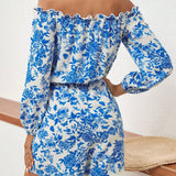 VCAY Floral Print Off-Shoulder Long Sleeve Romper For Women