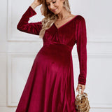 Vestido De Terciopelo Rojo Vino Para Maternidad