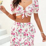 WYWH Conjunto De Top Y Falda Con Estampado Floral Y Lazo Delantero