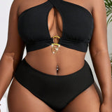 Swim Curve Conjunto De Traje De Bano De Talla Grande Con Detalles De Anillos Ahuecados