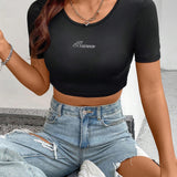 Crop Top Ajustado Con Impresion De Letra