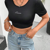 Crop Top Ajustado Con Impresion De Letra