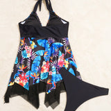 Swim Lushore Conjunto De Traje De Bano Tankini Asimetrico Con Estampado Tropical Para Mujer