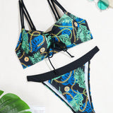 Swim Conjunto De Bikini Para Mujeres Con Estampado De Cadenas De Plantas Tropicales, Traje De Bano De Dos Piezas