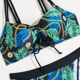 Swim Conjunto De Bikini Para Mujeres Con Estampado De Cadenas De Plantas Tropicales, Traje De Bano De Dos Piezas