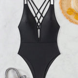 Swim Traje De Bano De Una Pieza Liso Y Sexy Para Mujer Con Dobles Tirantes De Hombro Y Diseno De Espalda Cruzada, Ideal Para Verano, Playa, Vacaciones, Viaje, Festival, Natacion, Piscina Y Surf