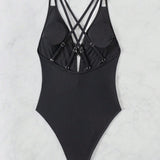 Swim Traje De Bano De Una Pieza Liso Y Sexy Para Mujer Con Dobles Tirantes De Hombro Y Diseno De Espalda Cruzada, Ideal Para Verano, Playa, Vacaciones, Viaje, Festival, Natacion, Piscina Y Surf