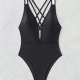 Swim Traje De Bano De Una Pieza Liso Y Sexy Para Mujer Con Dobles Tirantes De Hombro Y Diseno De Espalda Cruzada, Ideal Para Verano, Playa, Vacaciones, Viaje, Festival, Natacion, Piscina Y Surf