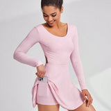 Daily&Casual Vestido deportivo de manga larga para mujer con espalda descubierta, conjunto para mujeres tenistas