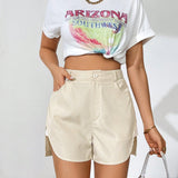 Essnce Shorts De Color Solido Para Mujer Con Bolsillos Y Aberturas Laterales