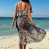 VCAY Mujer Leopardo Mono Impreso De Banador Con Soporte, 2 Piezas De Conjunto De Falda Larga Para Usar Como Cobertura, Para Verano, Playa, Vacaciones, Piscina