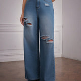 Forever 21 Pantalones Jeans Rectos Para Mujer Con Detalles Desgastados