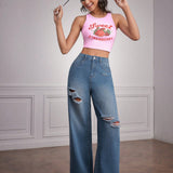 Forever 21 Pantalones Jeans Rectos Para Mujer Con Detalles Desgastados