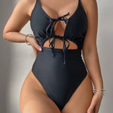 Swim Monokini De Una Pieza Con Lazo En La Parte Delantera Para Mujer, Sin Aro De Acero