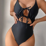 Swim Monokini De Una Pieza Con Lazo En La Parte Delantera Para Mujer, Sin Aro De Acero