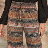 Pantalones Casuales Bohemios Impresos Con Cintura Atada Y Botones Frontales Para Otono E Invierno