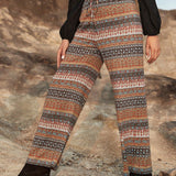 Pantalones Casuales Bohemios Impresos Con Cintura Atada Y Botones Frontales Para Otono E Invierno