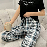 2 Piezas/set Camiseta Con Eslogan Impreso Y Pantaloncillos De Dormir Con Estampado De Cuadros